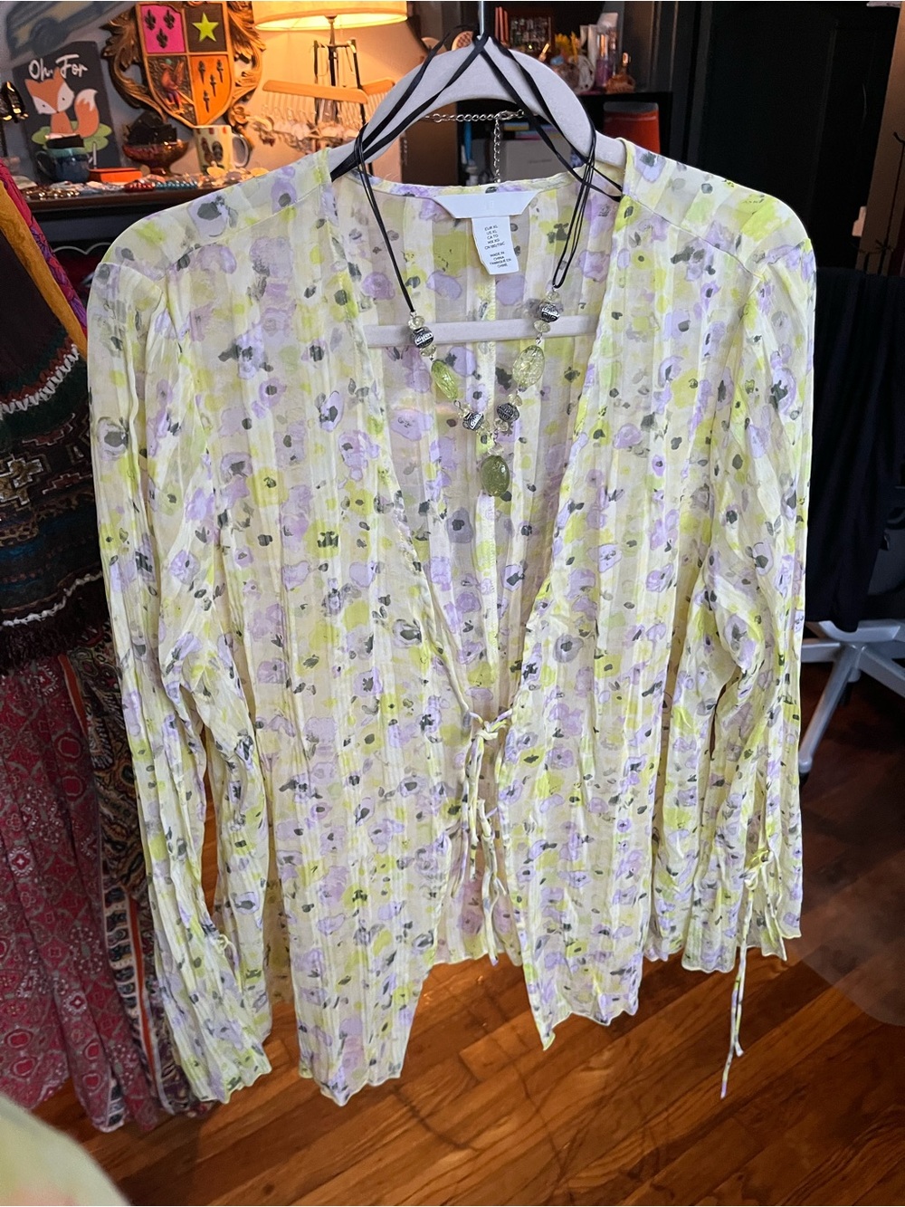 Like new! H&M Yellow/Green/Lavender Floral Tie-Front Blouse - Picture 5 of 16